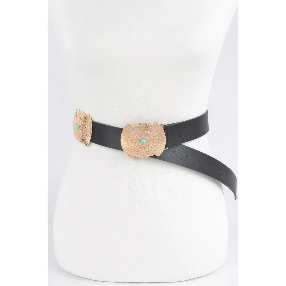 Concho Belt Women OS GOLD Excellent Western Turquoise Boho Medallion
